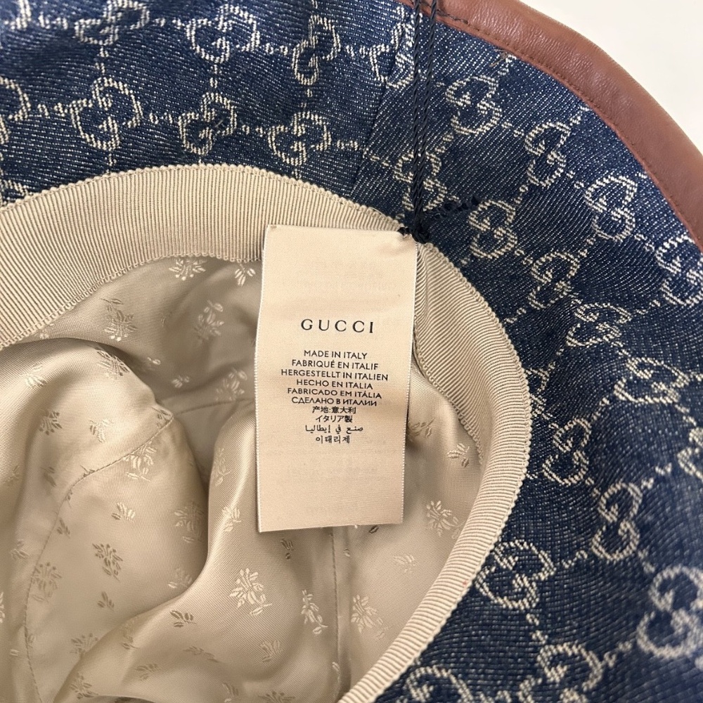 GUCCI "GG" Blue Denim Brown Leather Trim Bucket Hat Size Med 576371 UNISEX NWT - Picture 11 of 12